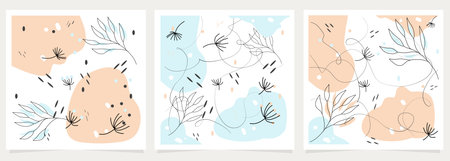 Set of abstract cover design with shape and hand-drawn background lines in a trendy color. Modern art, isolated collage for posters, social networks, stories. Vector illustration in a fashionable stylのイラスト素材