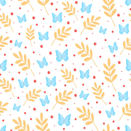 Cute seamless pattern with leaves and butterflies in summer soft colors. Vector illustration, cartoon style. Template for background, wrapping paper, fabric, wallpaper, etc.のイラスト素材