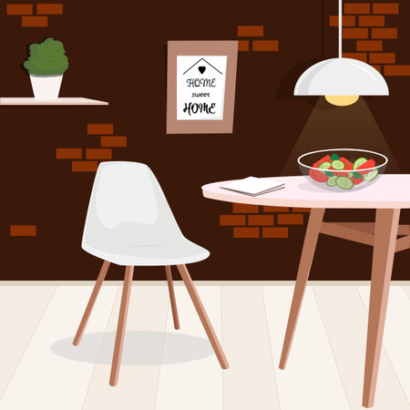 Dinner room moder design. Kitchen, close-up, coner. The concept of the evening meal, easy dinner, diet. A table with a book, a salad, and a chair next to it. Vector illustrationのイラスト素材