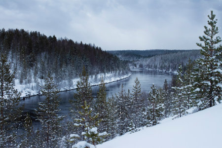 Wonderful winter landscape. Winter landscape with snow-covered coniferous forest and river. A place for hiking and traveling. Stunning nature background. christmas winter backgroundの写真素材