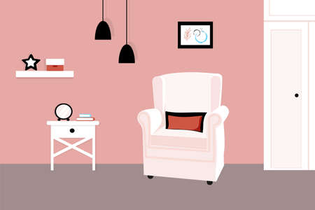 The modern interior of the room with an armchair in pink and powdery shades. The concept of a reading corner. Flat vector illustration, cartoon graphic design. Family bedroom, living room.のイラスト素材