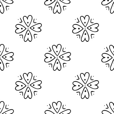 Seamless doodle flowers pattern of hearts and dots. Black and white hand drawn flat vector illustration. Template for poster, social network, covers, textiles, fabrics, wrapping paper, wallpaperのイラスト素材