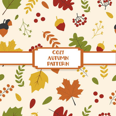 Autumn seamless pattern with colorful leaves, berries, acorns and twigs. Flat vector cartoon illustration in a fashionable style. Template for posters, fabrics, covers, textiles, wrapping paper,のイラスト素材