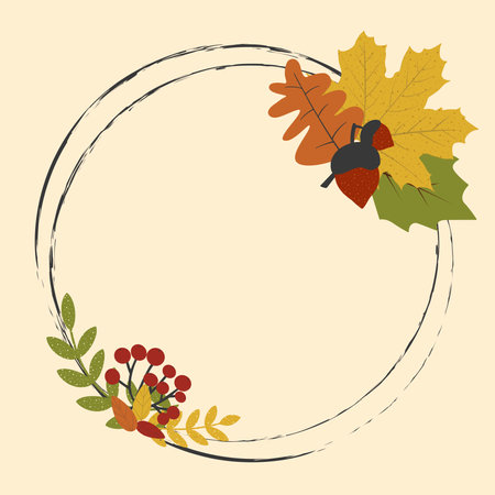 Elegant round frame with autumn leaves and acorns. Vector illustration, creative cover design for store template, promotions, social media posts, stories and photos, etc.のイラスト素材