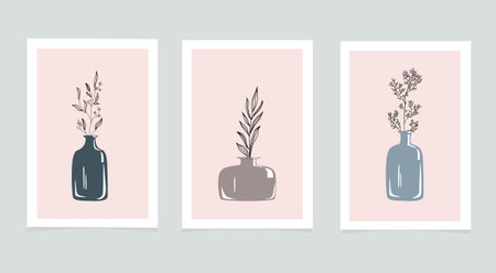 Gallery of abstract wall art, a set of 3 branches in a vase in vintage style, design with hand-drawn lines in fashionable color. Contemporary art, poster, collage, social networks, stories. Vector illustration in a fashionable styleのイラスト素材