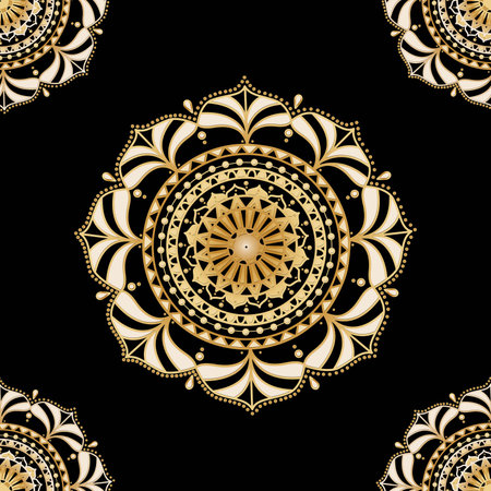 Seamless pattern of mandala in gold color on a black background. Round abstract design. contemporary art for prints, posters, textiles, fabrics, covers, wallpaper, wrapping paper. vector illustration.のイラスト素材