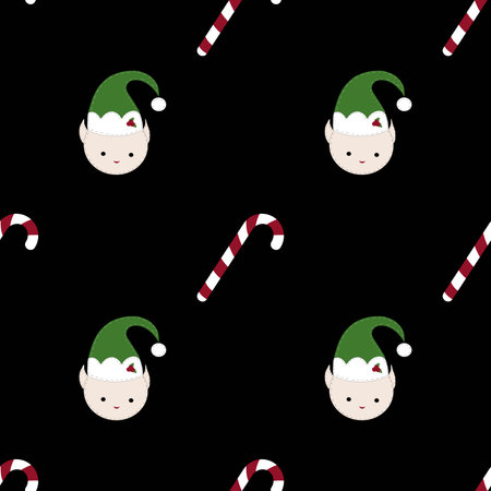 Seamless pattern with christmas elf with candy cane on black background. Cute winter holidays background. Baby design for textile, fabric, decor, covers, wrapping paper, wallpaper, etc.のイラスト素材
