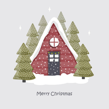 Winter house in A-frame style in a spruce forest. Christmas greeting card for winter and New Year holidays. Vector flat illustration of a winter banner with the inscription Merry Christmas.のイラスト素材