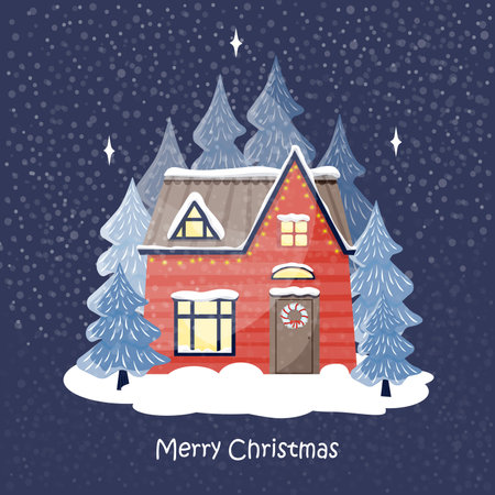 Cozy winter house in the New Year's style in the spruce forest. Christmas greeting card for the New Year holidays. Vector flat illustration of a winter poster with the inscription Merry Christmas.のイラスト素材