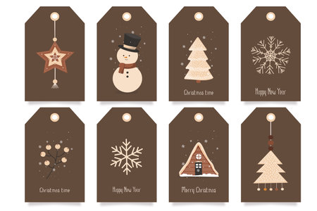 A large set of different New Year's Christmas tags, labels with a Christmas tree, a pendant, a house, a snowman, a snowflake, a mountain ash in natural shades. Eco decoration. vector flat illustrationのイラスト素材