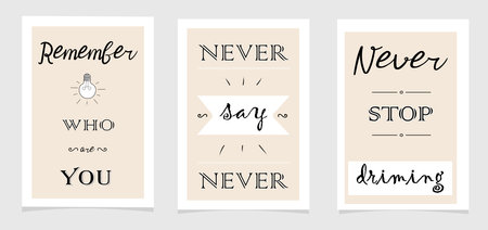 motivational posters. Inspirational quotes on the wall in the living room, study, office. A set of three paintings in a minimalist style. vector illustration.のイラスト素材