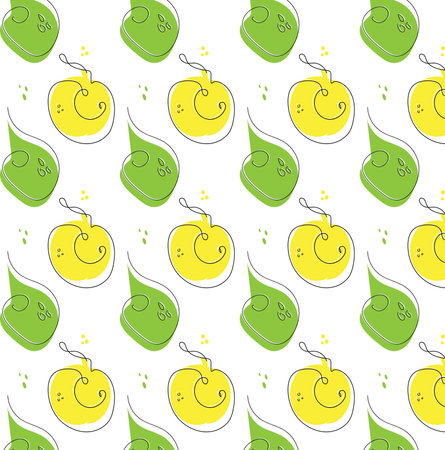 Seamless linear pattern pattern with green pears and yellow apples. vector illustration. Doodle outline. Modern typographic banner, label template, packaging, wallpaper, fabric, wrapping paper and etcのイラスト素材