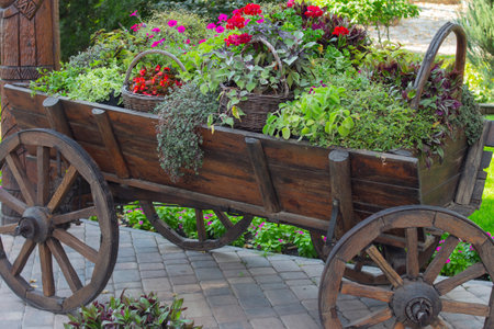 Wooden cart with flowers in landscape design, close-up. Colorful flowers in baskets. Landscape design in country style for gardens and parks. Background for posters, calendarsの写真素材