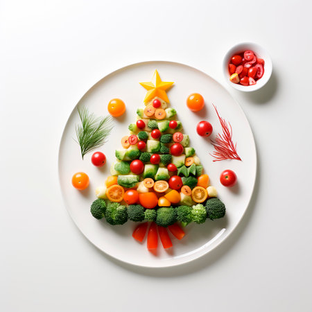 Christmas tree made of vegetables and fruits on a white plate on a white background. A variant of decorating a festive table. Healthy food. Copy space. Generated AIの素材