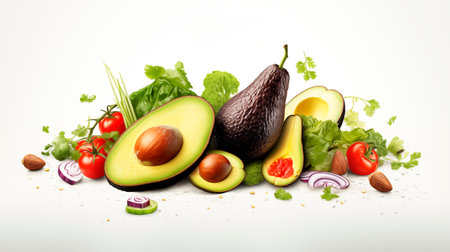 Realistic image of fresh ingredients for guacamole. Banner, signboard. Traditional Mexican dish - vegetables and herbs isolated on white background. Fresh products for design of food, menu, kitchen.の素材