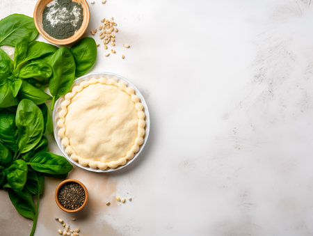 Background for baking a pie with spinach, spices and a dish on a white table. The concept of baking a pie. Top view. Delicious homemade quicheの素材