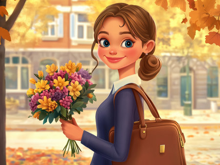 A smiling schoolgirl with a bouquet of flowers and a briefcase in her hands against the background of an autumn schoolyard. Back to school, first lesson, knowledge day. Close-up, Cartoon styleの素材