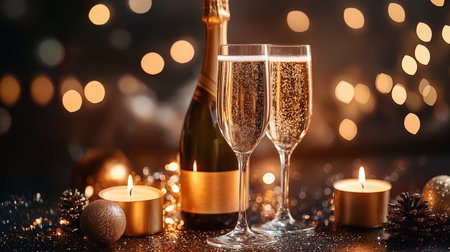 New Year's background, a postcard with two glasses, a bottle of sparkling wine and candles on a charming shiny background, with glitter. Champagne toast. Christmas decorationの素材