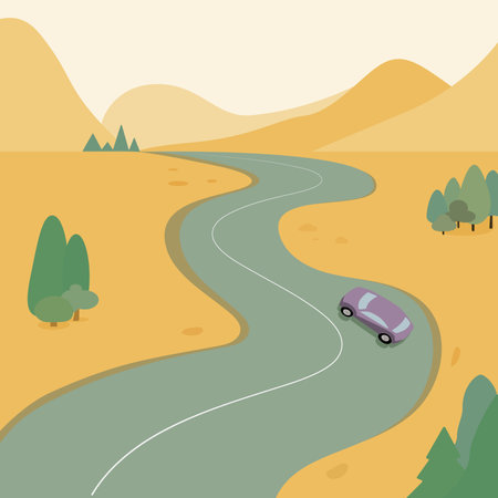 The car is driving along a winding road in the mountains. A bird's-eye view. A scenic trip along winding mountain roads. Vector illustration, flat styleのイラスト素材
