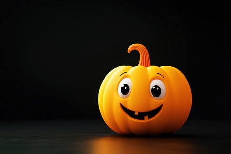 One cute cartoon character is pumpkins for Halloween. A smiling image of a charming pumpkin character. Fun, intimate design, concept for kids, 3D, empty dark background, copy spaceの素材