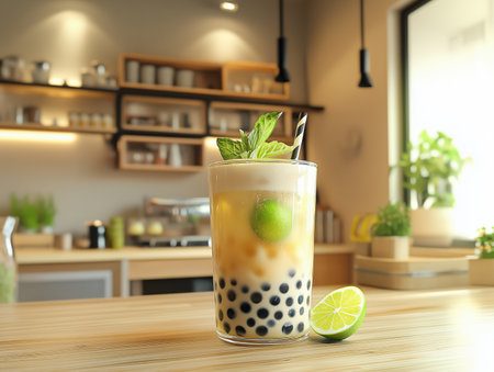 Bubble tea, served in an elegant modern kitchen. The tea is decorated with juicy pieces of lime and mint. There is a modern kitchen in the background. Warm lighting, cozy atmosphere in the kitchenの素材
