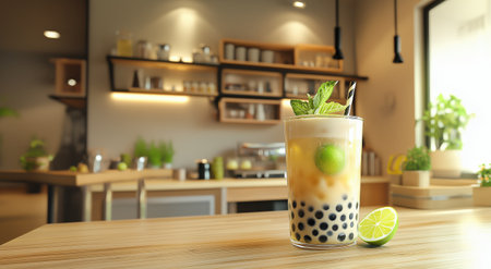 Bubble tea, served in an elegant modern kitchen. The tea is decorated with juicy pieces of lime and mint. There is a modern kitchen in the background. Warm lighting, cozy atmosphere in the kitchenの素材