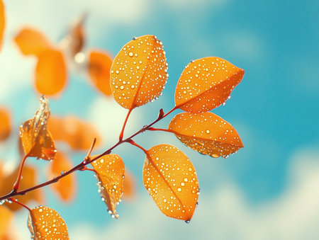 Autumn leaves with dew drops. against the background of a blue sky with clouds, copy space. Close-up. Stunning nature background. Autumn background. Template for poster, banner, etc.の素材