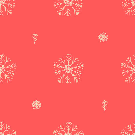 Seamless Christmas pattern with snowflakes on a red background. Festive winter background. Cute winter vacation background. Vector flat design for textiles, fabrics, covers, wrapping paper, wallpaper, etc.のイラスト素材