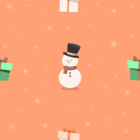 Seamless Christmas pattern with snowflakes, boxes and a snowman on a light pastel background. Festive winter background. Cute background for winter holidays. Vector flat design for textiles, fabrics, covers, wrapping paper, wallpaper, etc.のイラスト素材