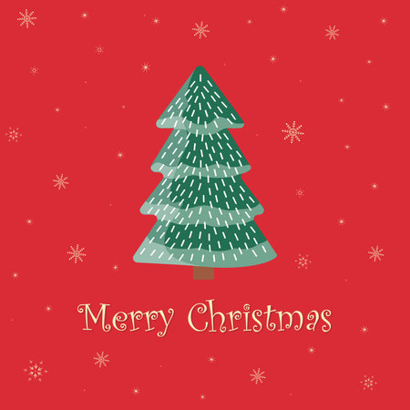 Christmas greeting card with tree and lettering. Beautiful background with snowflakes. A blank for decorating greetings or invitations with the inscription Merry Christmas. Flat vector illustrationのイラスト素材