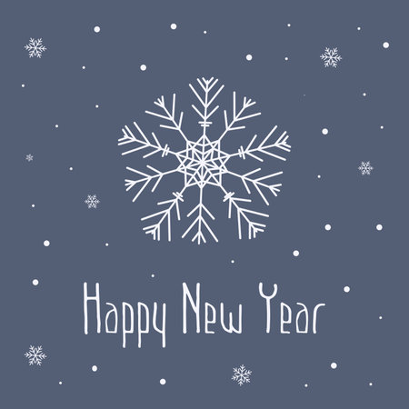 Christmas greeting card with snowflake and lettering Happy New Year. Beautiful blue background. A blank for decorating greetings or invitations with the inscription. Flat vector illustrationのイラスト素材