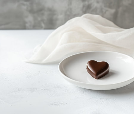 Heart-shaped chocolate on a white plate on a light background. A festive table decoration option. Sweet dishes. Valentine's Day gifts. Copy spaceの素材