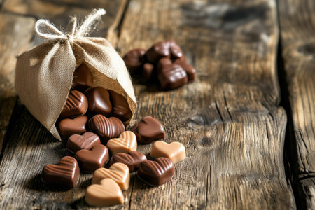 Heart-shaped chocolates in a gift bag with a bow. A festive table decoration option. Sweet dishes. Valentine's Day gifts. Copy spaceの素材