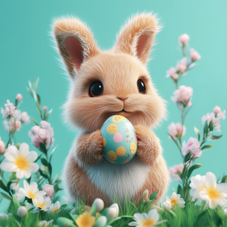 A cute fluffy smiling bunny holds an Easter egg in his paws, surrounded by spring flowers. 3D cartoon illustration. Easter rabbitの素材