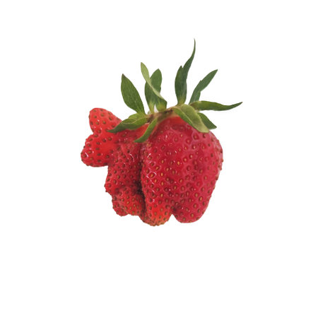 Funny fancy fresh strawberries, oddly strange shaped, like some kind of animal standing backwards. Red berry isolate on a white background.の写真素材