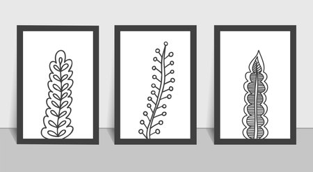 A set of wall art from 3 abstract black and white minimalistic gallery. Scandinavian style, minimalism, boho style. Interior design, rooms, offices, halls, corridors, bedrooms Vector illustration of modern artのイラスト素材