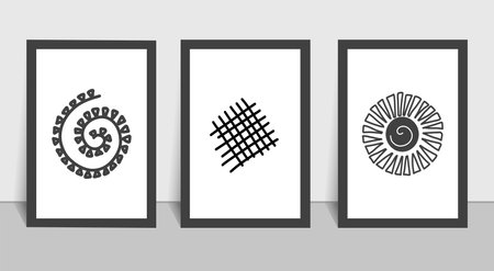 A set of wall art from 3 abstract black and white minimalistic gallery. Scandinavian style, minimalism, boho style. Interior design, rooms, offices, halls, corridors, bedrooms Vector illustration of modern artのイラスト素材