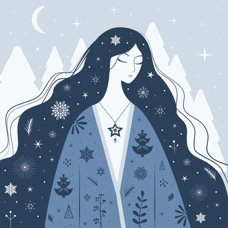 A stylized woman with snowflakes motifs and star pendant. Frosty Robe. The concept of winter comes. Snowy landscape. Enchanted winter spirit. Celestial element. Winter magic vector Illustrationのイラスト素材