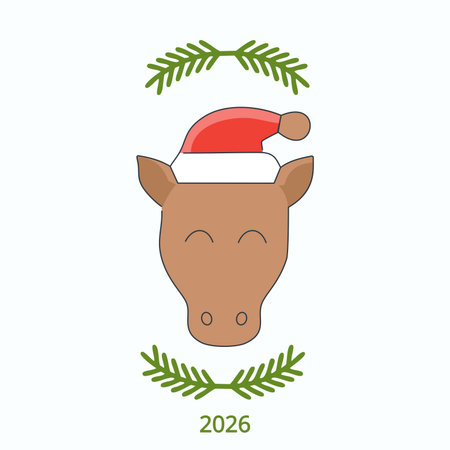 A friendly brown horse with a Santa hat, frame of evergreen branches. Symbol of new year 2026. Seasonal Flat illustration. Minimalistic icon for greeting cards, social media posts, banners, promotionのイラスト素材