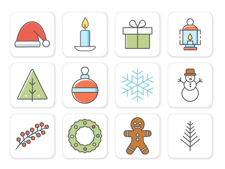 A set of flat Christmas vector icons holiday symbols Santa hat, candle, gift, lantern, tree, ball, snowflake, snowman, berry branch, wreath, gingerbread man. Bright pastel colors, minimalist designのイラスト素材