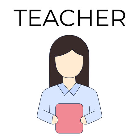 A flat vector icon of a teacher holding a pink tablet or book in his hands. Ideal for educational materials, presentations, websites, and designs related to learning, teachingのイラスト素材