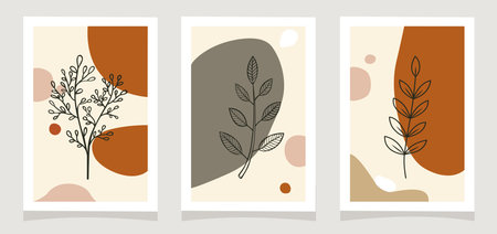A set of 3 vector images in the minimalist style, abstract compositions with motifs of twigs in natural colors. For modern interiors, book design or posters.のイラスト素材