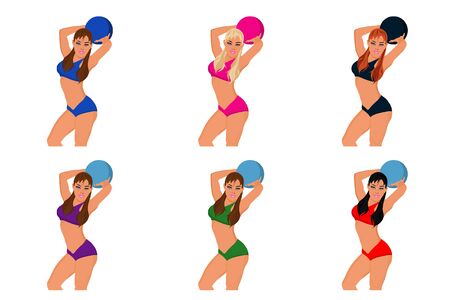 fitness girl, ball, vector illustrationのイラスト素材