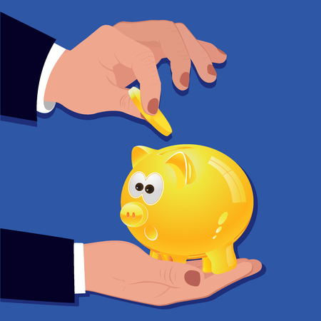 man putting coin into piggy bank, investment concept, vector illustrationのイラスト素材