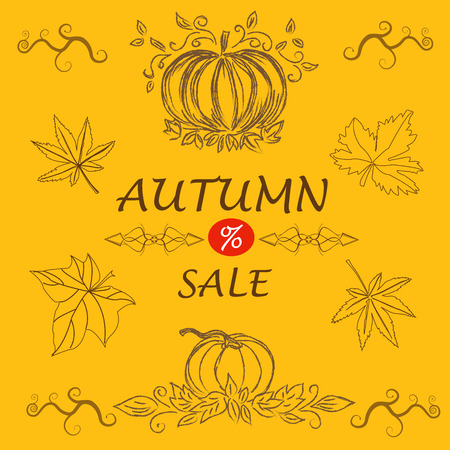 Fall sale message with colorful pumpkins and leaves, vector illustration, template, bannerのイラスト素材