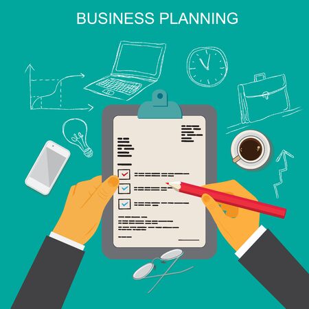 Business plan concept, hands with notes and pencil, hand drawn business symbols, flat vector illustrationのイラスト素材