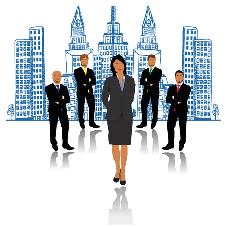 businessmen and businesswoman standing in front of sketch city background, vector, illustrationのイラスト素材