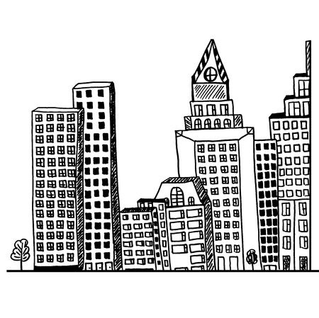 Big, city, concept, architecture, hand drawn, sketch, vector, illustrationのイラスト素材
