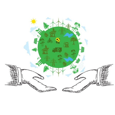 green planet concept, hands, sustainable development, vectorのイラスト素材