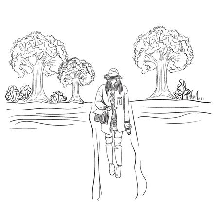fashion lady with purse in the park. sketch styleのイラスト素材